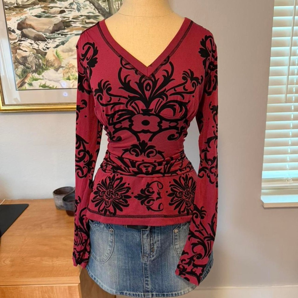 Kay Unger Vintage Y2K Baroque Damask V-Neck Peplum Top Magenta Black Medium
